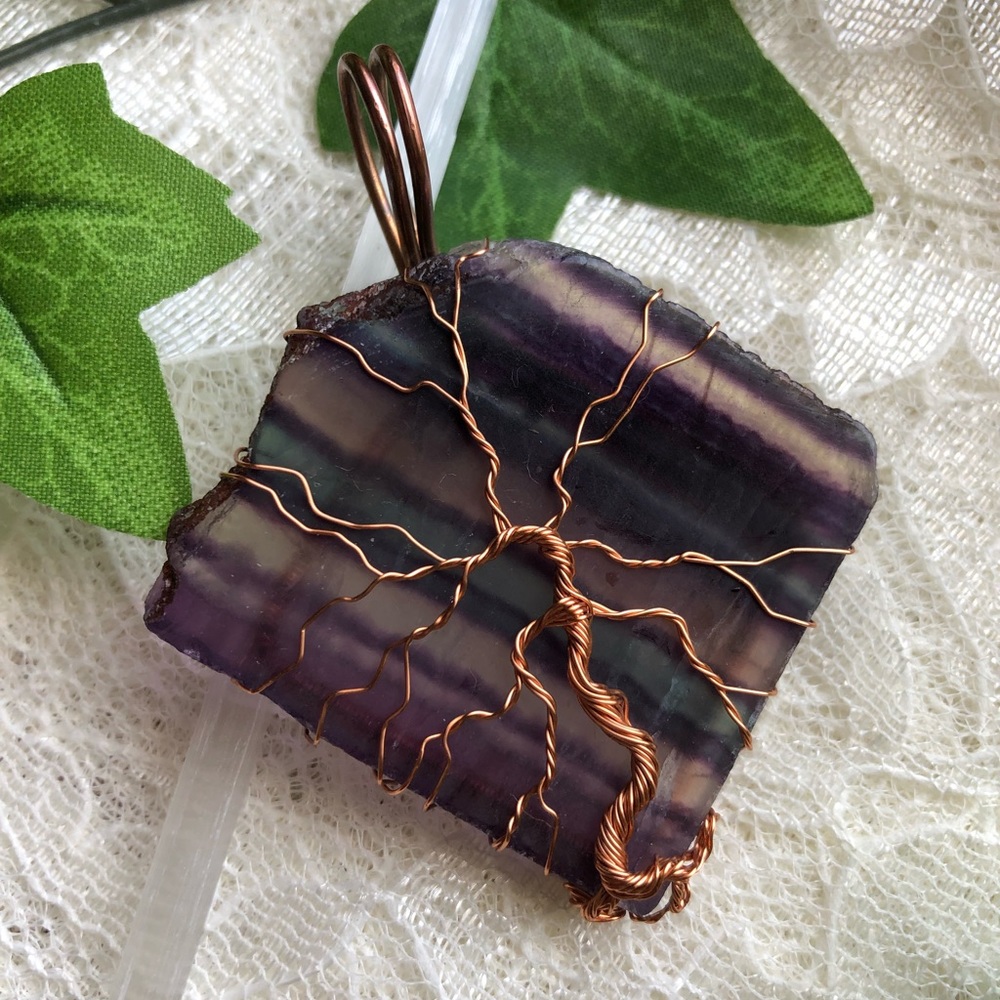 Statement Piece! Copper and Semiprecious Fluorite Slab Pendant with Tree of Life